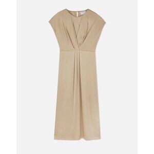 Golden-Beige Satin-like Midi V-neckline Short Sleeves Stretch Dress Sz XS Fits S